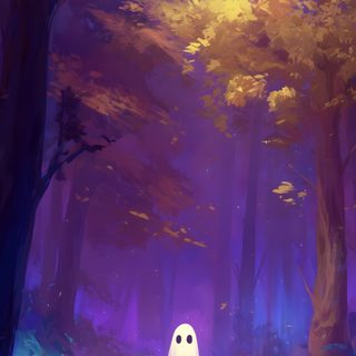 a white ghost standing in the middle of a forest with purple and yellow leaves on it Vaporwave Halloween Ghostly Forest Aesthetic, Ghost Scenery, Geist, Ghost Forest Purple, dark slate gray