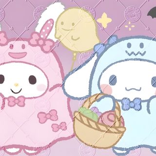two cartoon characters are standing next to each other in front of a purple background with bats and spider webs Cinnamoroll Halloween Ipad Halloween Sanrio Icons, Sanrio Ghost, Cinnamoroll Halloween, gainsboro