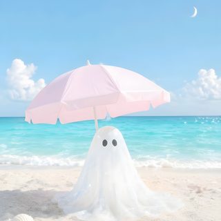 there is a ghost on the beach under an umbrella with eyes drawn in sand and water behind it Beach Halloween Cute Backgrounds, Backgrounds, Aesthetic, Cute, Phone, Halloween, light blue