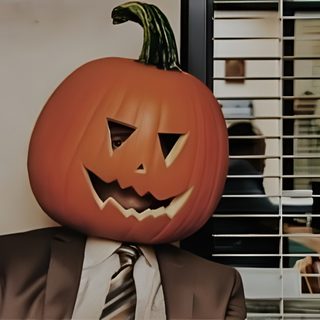 a man in a suit and tie with a pumpkin on his head, standing next to a window Halloween For Home Office Fall Computer Backgrounds, Fall Desktop Backgrounds, Halloween Cover Photos, dim gray