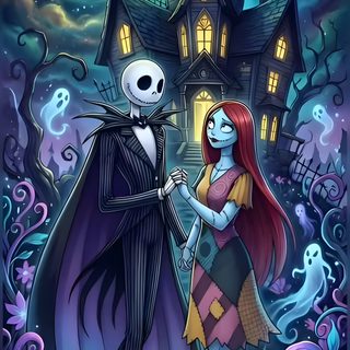 jack and sally in front of a spooky house with the moon behind them Halloween Jack And Sally Slow Dance, Jack Sally, Nightmare Before Christmas Sally, Iphone, dark slate gray