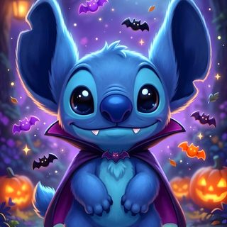 the cute little stitchie is sitting in front of some pumpkins Halloween Stitch Disney dark slate blue