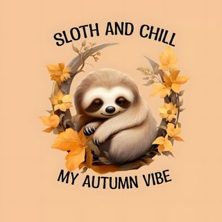 a sloth and chill my autumn vibe on a tan background with leaves around it Halloween Sloth Fall Sloth, Sloth Summer, Halloween Sloth, Fall Themed Sloth Graphics, burlywood