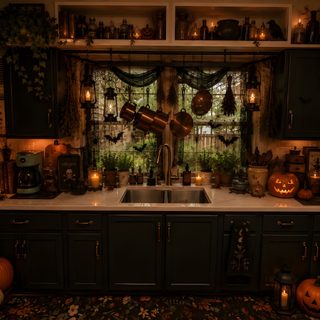 a kitchen filled with lots of halloween decorations Halloween Kitchen black