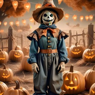 a creepy scarecrow standing in front of pumpkins Halloween Costumes Scarecrow With Pumpkin, Scarecrow 4k, Cute Scarecrow, saddle brown