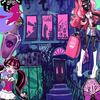 an image of hello kitty and her friends in front of a house with halloween decorations Monster High Halloween dark slate blue