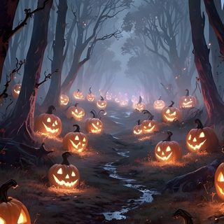 a group of pumpkins sitting in the middle of a forest filled with lots of trees Halloween 2023 Halloween Forest, Headless Horseman Iphone, Spooky Landscape, dark slate gray