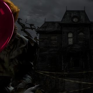 a creepy clown holding a red balloon in front of an old house with dark clouds Halloween Scary Pennywise Pennywise Background, Horror Pc, It Pc, Pennywise Roblox, It 1920x1080, black