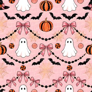 a halloween themed wallpaper with bats, pumpkins and ghost faces on pink background Pink Bow Halloween Halloween Pink Aesthetic, Autumn Phone, Victorian Fabric,