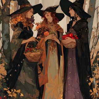 three women dressed as witches in the woods with pumpkins and candles on the ground Pagan Halloween Samhain Witches, Samhain Aesthetic, 3 Witches Art, Autumn Witch Aesthetic, dark olive green