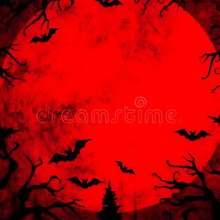 a full moon with bats flying over the trees in front of it, and a red sky Halloween Red maroon