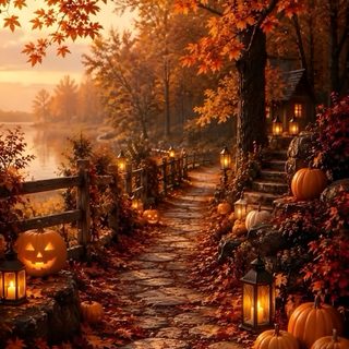 an autumn scene with pumpkins and lanterns on the path leading to a wooded area Halloween Pumpkin Path saddle brown