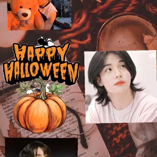 a collage of photos with the words happy halloween written on them and pictures of people holding pumpkins Hyunjin Halloween Halloween, Happy Halloween, sienna