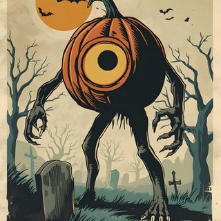 an illustration of a creepy monster with a pumpkin on its head in front of a graveyard Halloween Cyclops rosy brown