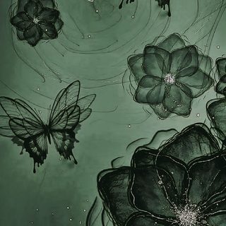 black and white photograph of flowers with butterflies flying over them in the air above water Aesthetic Halloween Flower Dark Green, Blue Flower, Dark Green Aesthetic, Goth, Artistic, dark slate gray