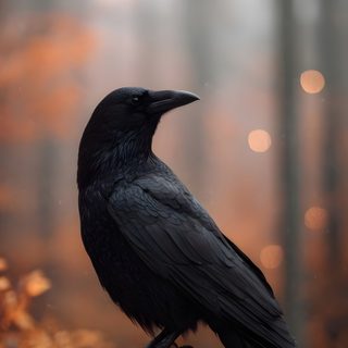 a black crow sitting on top of a pumpkin in the woods with lights behind it Halloween Raven Halloween Crow Pictures, Halloween Crow Dark Custom, Halloween Crow, Spooky Crow, dim gray