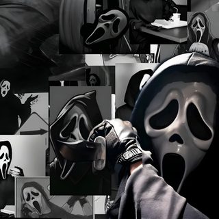 a person wearing a mask in front of a collage of images Cool Halloween Iphone Ghostface Ghost Face Ghostface Aesthetic, Ghost Face Aesthetic, Halloween Iphone, black