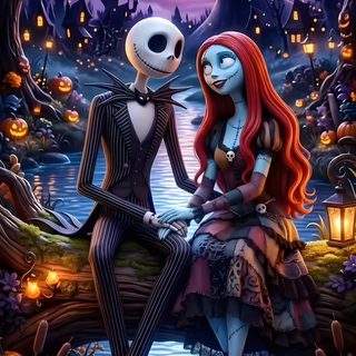 two skeletons sitting next to each other on a bench in front of a lake with pumpkins Halloween Jack And Sally Jack And Sally Love, Sally And Jack, Jack Skeleton And Sally, dark slate gray