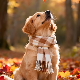 a golden retriever dog wearing a scarf and looking up into the sky with autumn leaves surrounding him Golden Retriever Halloween Dog Fall Photoshoot, Fall Dog Photos, Golden Retriever Fall, sienna