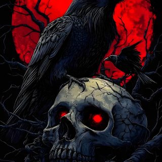 two black crows sitting on top of a skull in front of a full red moon Halloween Raven Raven With Glowing Eyes, Raven With Glowing Red Eyes, Raven With Red Eyes, black