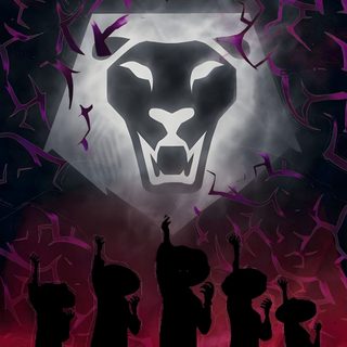a group of people standing in front of a large black and purple poster with a lion on it's face Halloween Kpop Demon Hunters Jinu Saja, Saja Boys Background, Kpop Demon Hunters Profile Pic, black