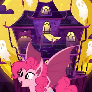 the pinkie pony is standing in front of a house with ghost's on it Pinkie Pie Halloween Twilight Sparkle Ghost, Pinkie Pie Neon, Mlp Halloween, brown