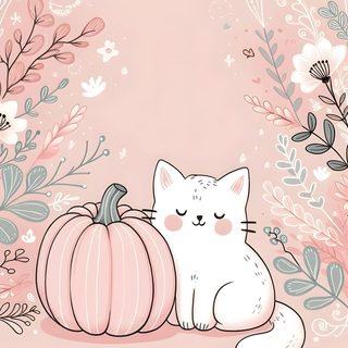 a white cat sitting next to a pumpkin on top of a pink background with flowers Halloween Pastel Cat Images Kawaii, Halloween Iphone, Kawaii, Cat, Schöne Hintergründe, Halloween, bisque