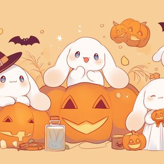 three bunny rabbits sitting on pumpkins with bats and ghost's around them, all dressed up in halloween costumes Halloween Bunny Bunny, Anime Backgrounds, Kawaii Halloween, Computer, Anime Background, navajo white