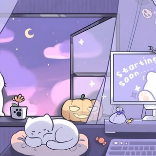 two cats are sleeping on a cat bed in front of a computer screen with halloween decorations Cute Halloween Gif light steel blue