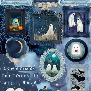 an image of halloween themed artwork with ghost pictures and pumpkins on the wall above it Blue Halloween Aesthetic Diy Spooky Art Projects, Blue Halloween Decor, Halloween Ghost Art Collage, dim gray