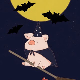 a cartoon pig flying in the air on a broom with bats around it and a full moon above Halloween Pig Cute Halloween Pig, Halloween Pig, Bat Pig, Vampire Pig, Halloween Pig Drawing, black