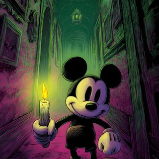 a mickey mouse holding a lit candle in the middle of a dark hallway with green and purple lighting Mickey Mouse Halloween 4k Art Deco Tattoo, Mickey Mouse Dark, Scary Mickey Mouse Images, dark slate gray
