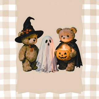 two teddy bears dressed up in halloween costumes with pumpkins on their chest and one holding a ghost Teddy Bear Halloween Fall And Halloween Iphone, Halloween Teddy, Widgets Aesthetic Halloween, wheat