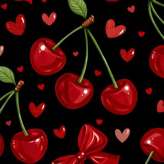 a black background with red cherries and hearts on the bottom, one cherry has a bow at the end Halloween Cherry black