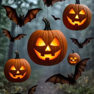 halloween pumpkins with bats hanging from them in the air, and one is lit up Halloween Pumpkin Bat Calabazas Halloween, Halloween Jack O Lantern, Images Of Halloween Pumpkins, dark slate gray