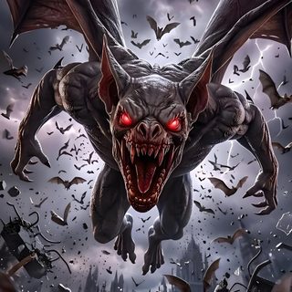 a bat flying through the air with red eyes and fangs on it's face Halloween Flying Monster Dracula Flying, Evil Demons, Dark Creatures, Dragon Warrior, dark slate gray