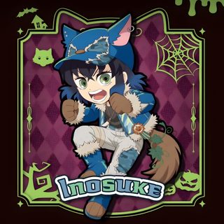 an anime character with a cat costume on Inosuke Halloween Anime Halloween, Halloween Illustration, Lil Baby, Halloween Backgrounds, dark slate gray