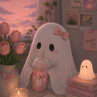 a little ghost sitting next to a cup with a drink in it and some books Cute Aesthetic Aesthetic Cute Halloween Ghost, Profile Picture, Seasonal Decor, dim gray