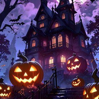 halloween pumpkins in front of a creepy house at night Halloween House Ideas dark slate gray