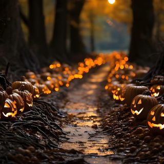 many pumpkins are lit up in the woods Halloween Pumpkin Path Halloween Forest Background Hd, Halloween Forest Background, Halloween Pumpkin Landscape, black