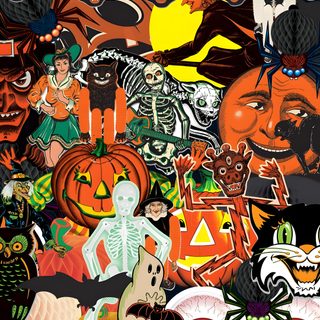 a collage of halloween images with pumpkins, cats, and other things in the background Beistle Halloween Beistle Halloween Tattoo, Beistle Christmas, Vintage Halloween Postcards Collection, saddle brown