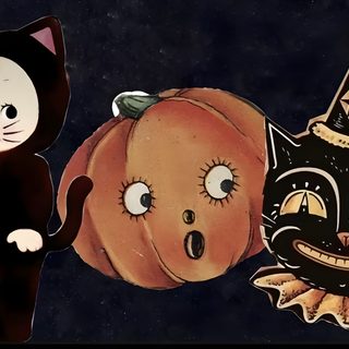 an image of two cats and a cat pumpkin on a black background with gold stars 2000s Halloween Ipad Aesthetic Halloween, Fall Backgrounds For Macbook, Fall Aesthetic Ipad Horizontal, black