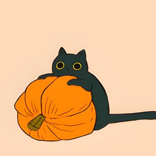 a black cat sitting on top of a large orange pumpkin with the caption debbleba Kawaii Halloween Gif First Example, Pumkat Gif, Halloween Warm Up, Cute Halloween Black Cat Gif, peach puff