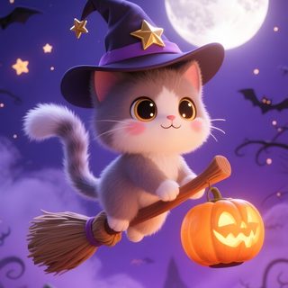 a cute little cat flying through the air with a broom and pumpkin in front of a full moon Kawaii Cute Halloween Cat Halloween, Halloween Cat, Bonito, Anime, dark slate blue