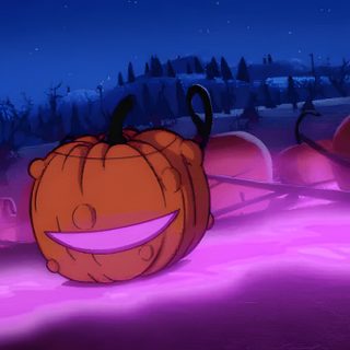 two pumpkins with faces on them sitting in the middle of a purple field at night Halloween Laptop Gif Aesthetic Halloween Discord Banner Gif, Cute Halloween Discord Banner Gif, Aesthetic Halloween Gif Anime, dark slate blue
