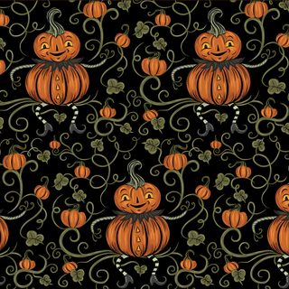 a black background with orange pumpkins and vines Johanna Parker Halloween Pumpkin Vines Pattern, Fall Spooky Pumpkins Pattern, Pumpkin Vine Fabric, black