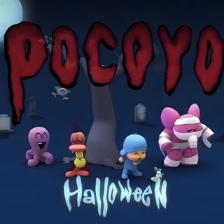 some cartoon characters are standing in front of a halloween tree with the word pocoyo on it Pocoyo Halloween midnight blue
