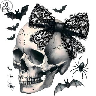 a skull with a bow and bats on it's head, in front of a white background Black And White Halloween Skulls In Bow Skull And Bow Background, Black And White Halloween Skulls In Bow, Skull Bow Drawing, linen