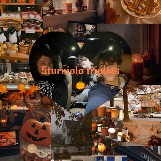 collage of pumpkins, books, and other items in various pictures with words on them Sturniolo Halloween Sturniolo Triplets Thanksgiving, Sturniolo Triplets Fall, Halloween Sturniolo Triplets, saddle brown