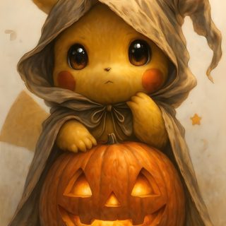 a painting of a little pikachu sitting on top of a jack o lantern Pikachu Halloween Kawaii Pikachu Halloween, Pikachu Drawing Halloween, Cute Halloween Pikachu, sienna